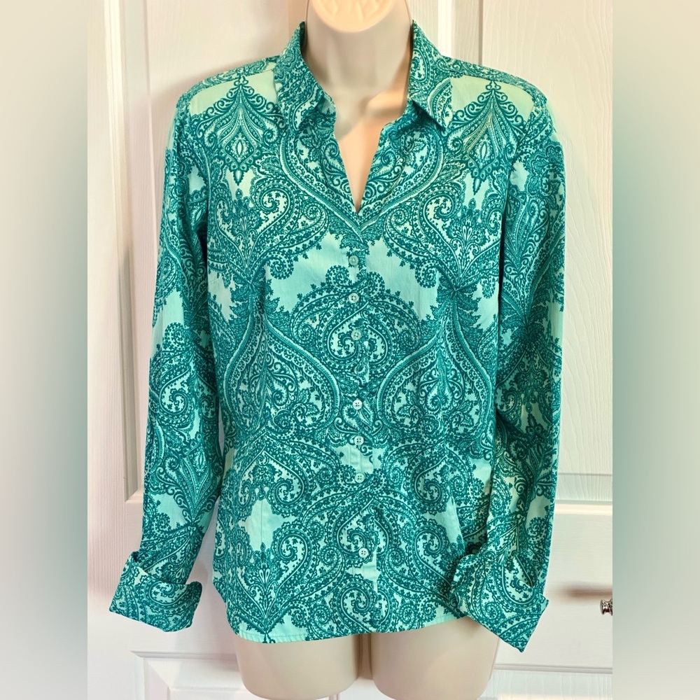 7th Avenue Design Studio Paisley Teal Turquoise Blouse. Small EUC